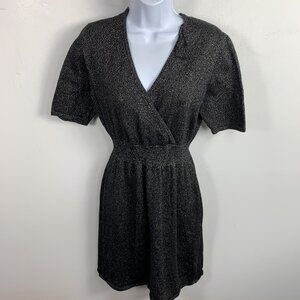 Liz Claiborne Womens Dress Metallic Black Short Sleeve V Neck Knee Length